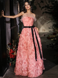 Pink Flowers A Line Strapless Prom Dress