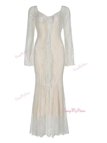 Flared Sleeves Long White Lace Bodycon Dress S Flared Sleeves Long White Lace Bodycon Dress S