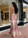 Sequin Colorful Pink Floral Spaghetti Straps Prom Dress