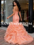 Ruffles Trumpet Mermaid Orange Sweetheart Tulle Prom Dress