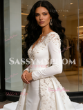 Detachable Train Appliques Beading Long Sleeve Mermaid Wedding Dress