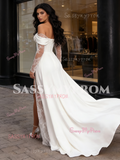 Chiffon Lace A Line White Off The Shoulder Wedding Dress With Slit