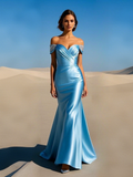 Satin Off The Shoulder Beading Light Blue Trumpet Mermaid Prom Dress