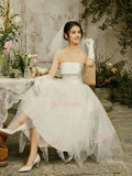 Beading A Line Satin Strapless Tulle Wedding Dress