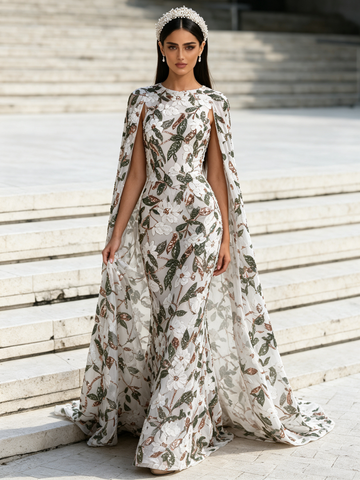 Scoop Sheath Column Cape Sleeve Sequin Flower Prom Dress