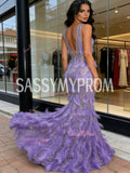 Purple Tulle Sequin Trumpet Mermaid V Neck Feather Prom Dress