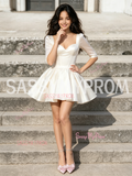 White Satin Square A Line Long Sleeve Homecoming Dress