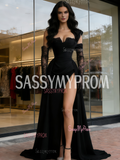 A Line Sequin Black Sweetheart Prom Dress With Slit