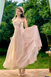 A Line Ankle Length Pink Tulle Flower Prom Dress