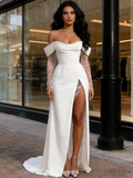 Chiffon Lace A Line White Off The Shoulder Wedding Dress With Slit