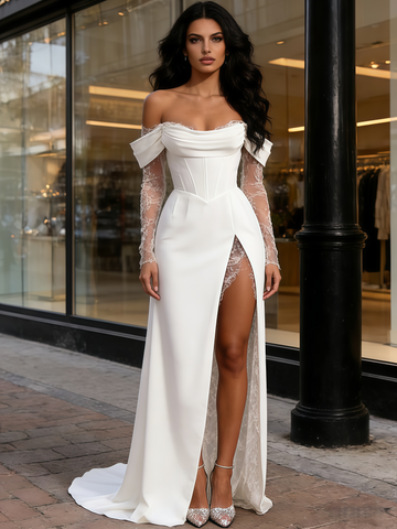 Chiffon Lace A Line White Off The Shoulder Wedding Dress With Slit