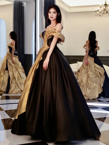 Satin Black & Gold A Line Off The Shoulder Prom Dress Sassymyprom Satin Black & Gold A Line Off The Shoulder Prom Dress Sassymyprom