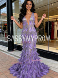 Purple Tulle Sequin Trumpet Mermaid V Neck Feather Prom Dress