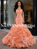 Ruffles Trumpet Mermaid Orange Sweetheart Tulle Prom Dress