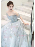 Tulle A Line Off The Shoulder Floral Print Prom Dress