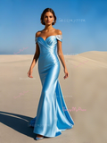 Satin Off The Shoulder Beading Light Blue Trumpet Mermaid Prom Dress