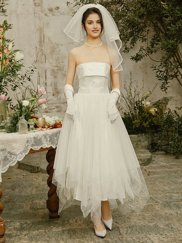 Beading A Line Satin Strapless Tulle Wedding Dress