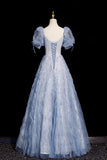 Beads Sweetheart A Line Blue Tulle Puffy Sleeves Prom Dress
