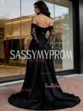 A Line Sequin Black Sweetheart Prom Dress With Slit