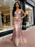 Sequin Colorful Pink Floral Spaghetti Straps Prom Dress