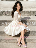 White Satin Square A Line Long Sleeve Homecoming Dress