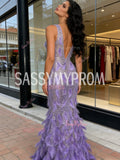 Purple Tulle Sequin Trumpet Mermaid V Neck Feather Prom Dress