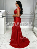 Red Satin Ruffles A Line V Neck Prom Dress With Slit