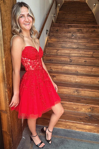 Sweetheart Red Lace Beading Tulle Homecoming Dress