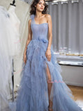 One Shoulder Flower Tulle Blue Prom Dress With Slit