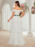 Layer Tulle Belt Lace Off The Shoulder Wedding Dress