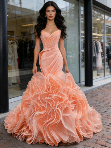 Ruffles Trumpet Mermaid Orange Sweetheart Tulle Prom Dress