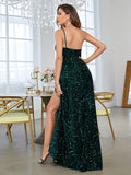 Backless Green Sequin A Line Prom Dress With Slit