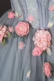 Tulle Flowers Short Sleeves A-Line Gray Prom Dress