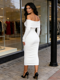 White Long Sleeve Elegant Knit Club Party Midi Maxi Dress
