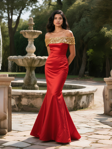 Gold Sequin Red Satin Trumpet Mermaid Prom Dress