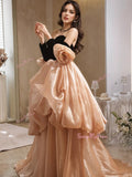 Black & Champagne Tulle Ruffles Off The Shoulder A Line Prom Dress