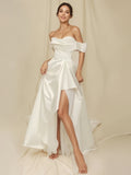 Ruched Slit A Line Satin Off The Shoulder Wedding Dress