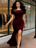 Pink Off Shoulder Ruffle Formal Evening Long Dress
