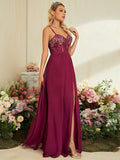 A Line Sheer Lace Burgundy Chiffon Prom Dress With Slit