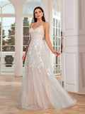 V Neck Backless Appliques Champagne Lace Wedding Dress