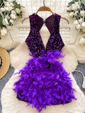 Sparkling Sequins Fluffy Feathers Backless Purple Party Dress