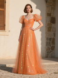 Sequin Orange Tulle Puffy Sleeve A Line Prom Dress