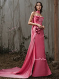 Flower Trumpet Mermaid Pink Strapless Ruched Satin Prom Dress With Slit