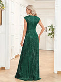 Radiant Green Sequined V-Neck Formal Dress