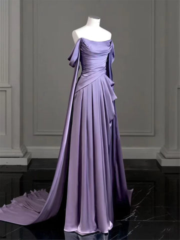Off The Shoulder Purple Satin Prom Dress