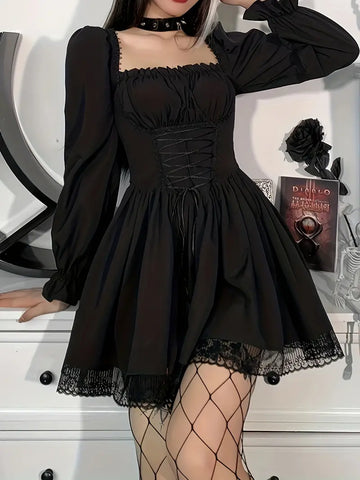 Gothic Ruffle Lace Up Square Neck Flared Dress