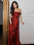 Off The Shoulder Burgundy Sequin Satin A Line Prom Dress