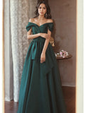 Green Ruched Off The Shoulder Satin Prom Dress