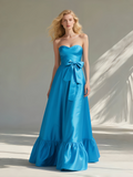 Satin A Line Strapless Belt Blue Prom Dress