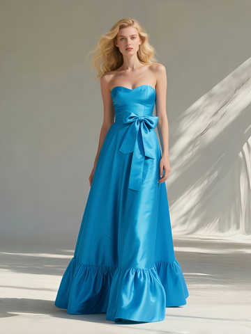 Satin A Line Strapless Belt Blue Prom Dress